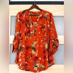 Torrid Harper Floral Blouse Burnt Orange Roll Sleeve Womens Size 1